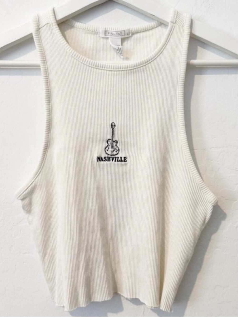 Full Tilt Tank Top Size L Cream Nashville Ribbed Embroidered Graphic Shirt Indie